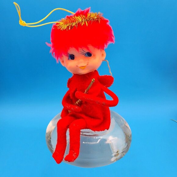 Vintage 1950s Red Hair Pixie Angel Japan Knee Hugger Felt Tulle Wings Ornament - Picture 2 of 8